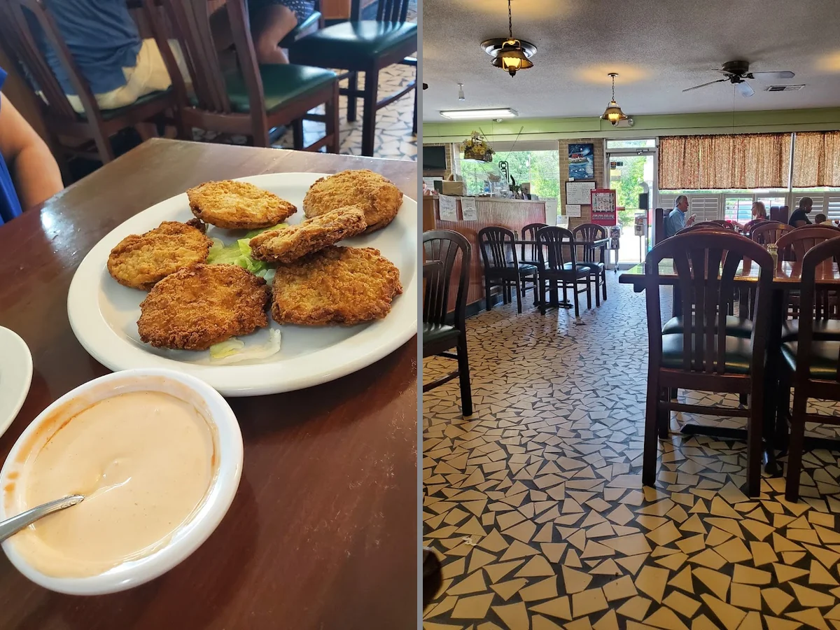 Restaurant interior with tables and simple decor.