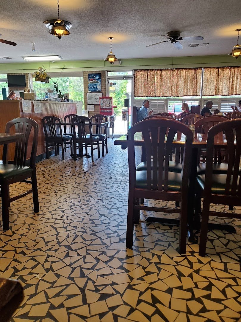 Restaurant interior with tables and simple decor.